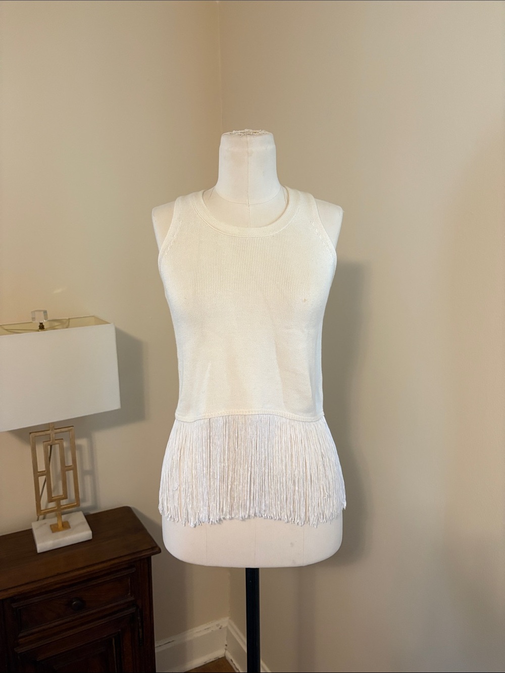 Timo Weiland Cream Sleeveless Knit Tank with Fringe Hem